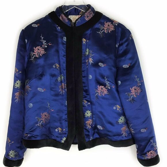 Vintage Asian style Jacket M womens blue fur lined Satin floral mandarin collar - Picture 1 of 14